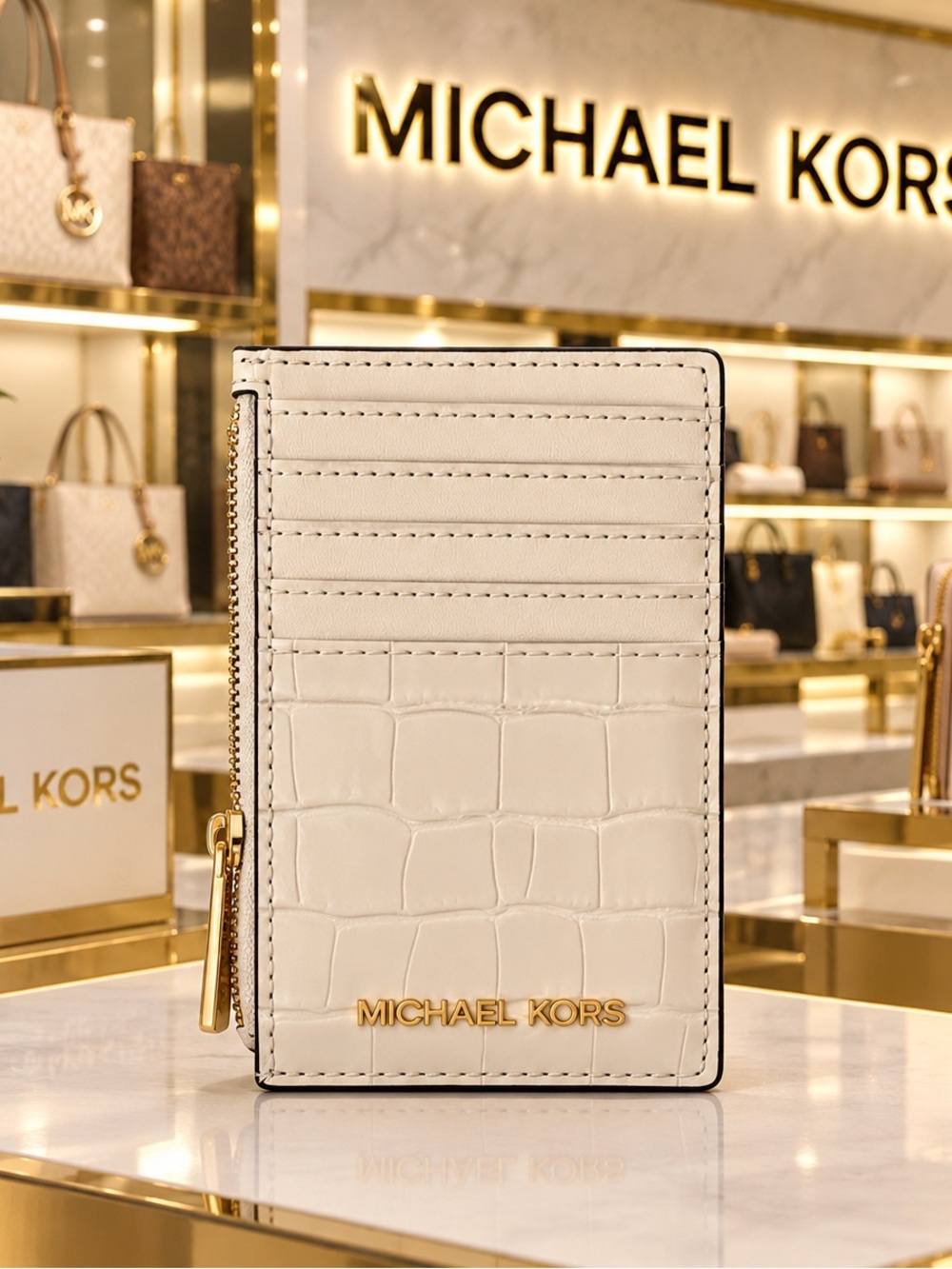 Michael Kors Het Set Travel Lt Cream Croc-Embossed Zip Card Case